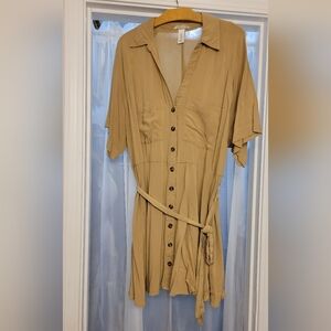 H&M Tan Button-Front Shirt Dress with Tie